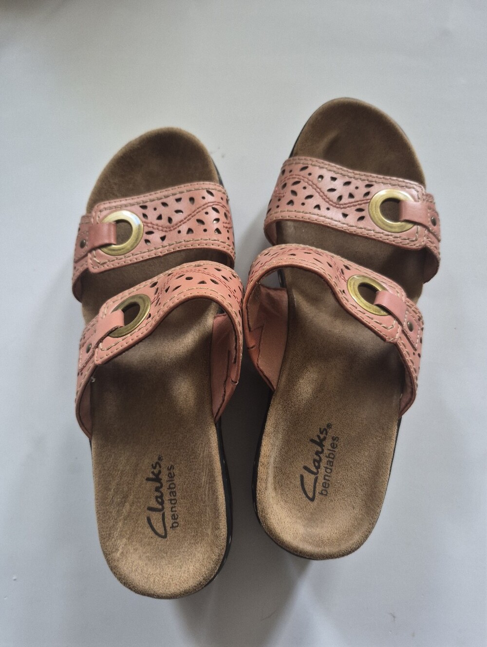 Clarks Women’s Coral Pink Perforated Slide Clogs with Gold Buckle Size 6